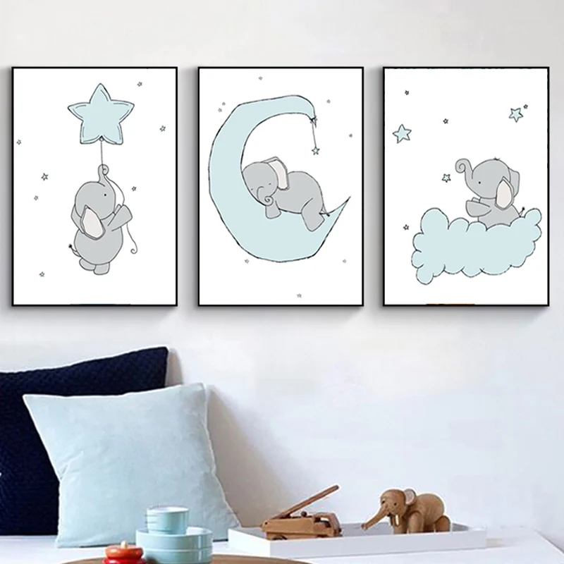 Modern Light Blue Wall Art Elephant Nursery Canvas Painting Funny Animal Posters and Prints Pictures for Living Kids Room Decor | Дом и сад