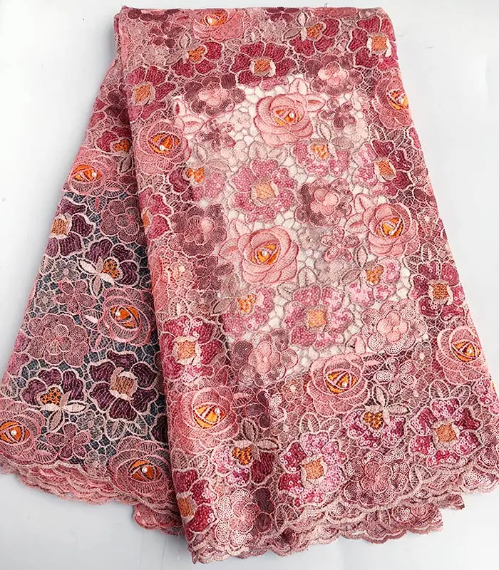 Peach Orange Многоцветный повторяющийся блёстки Африканский Французский кружево Тюль Ткань блеск и высокое качество 5 ярдов за штуку - Цвет: Peach Orange
