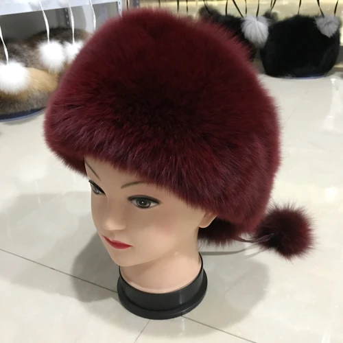 wine Модная новая стильная Роскошная зимняя Русская Шапка из натурального Лисьего меха, Женская Теплая Шапка хорошего качества из натурального Лисьего меха - Цвет: wine