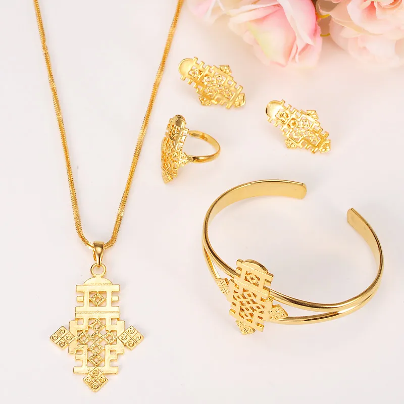

big Ethiopian Cross Jewelry Set Gold Pendant Chain Earrings Ring Bangle Habesha Wedding Eritrea Party Gift bridal wedding set