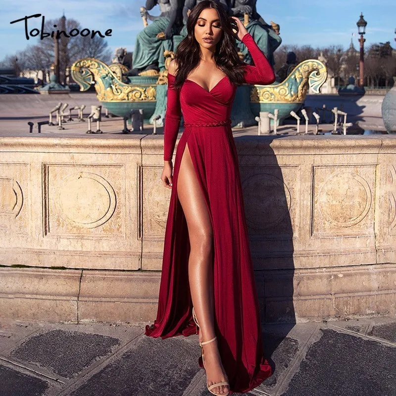 Tobinoone высокое Разделение Vestidos De Fiesta зимнее элегантное платье черный красный с