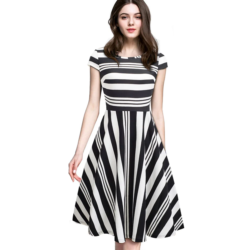 Black and White Nice-forever Винтаж с полосатым принтом, Повседневное; сезон лето; vestidos Бизнес вечерние платье трапециевидной формы вечерние Женское платье btyA153 - Цвет: Black and White
