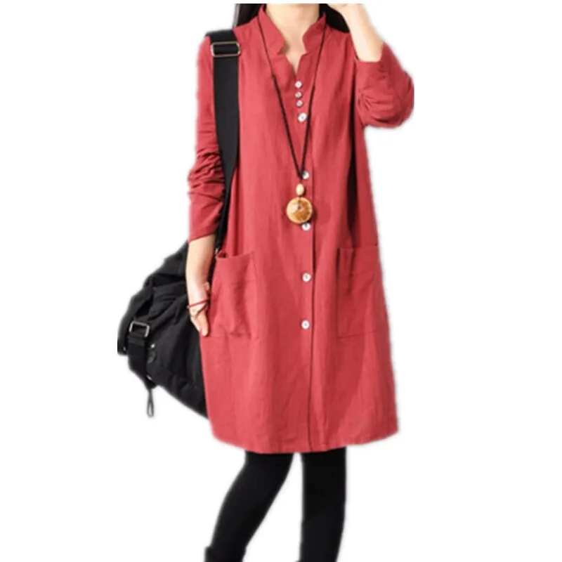 Платье-рубашка женское из хлопка и льна с V-образным вырезом карманами | Женская