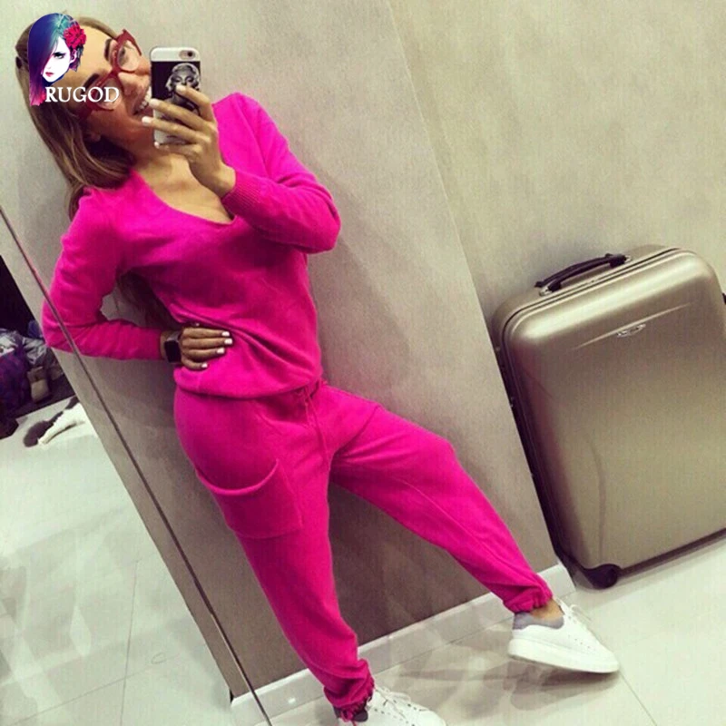 Женский спортивный костюм Rugod с V образным вырезом однотонный трикотажный свитер