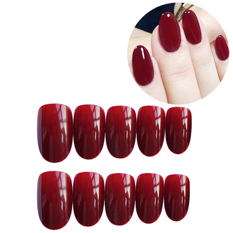 Красный 24pcs/Set Gorgeous Wine Red False Nails With Glue Middle Long Round Head Full Nail Tips Finished Fake Nail artificial nails - Цвет: Красный