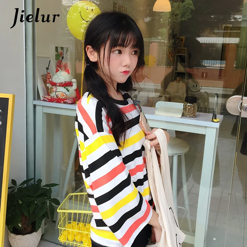 Jielur Chic простые осенние Для женщин Футболки Девушка Свободные круглым вырезом