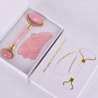 natural pink crystal jade roller double head rose quartz massage roller real stone facial massager guasha tool set with box