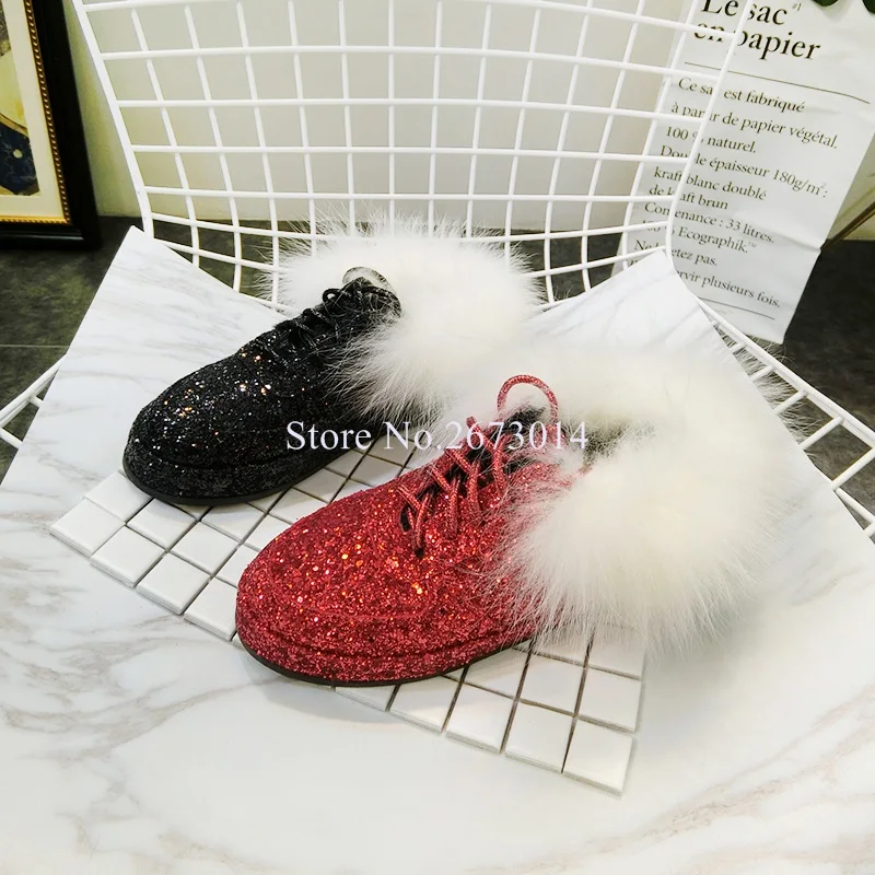 luxury rhinestones casual shoes lace up bling fur decoration flat crystal paillette cozy women new | Обувь
