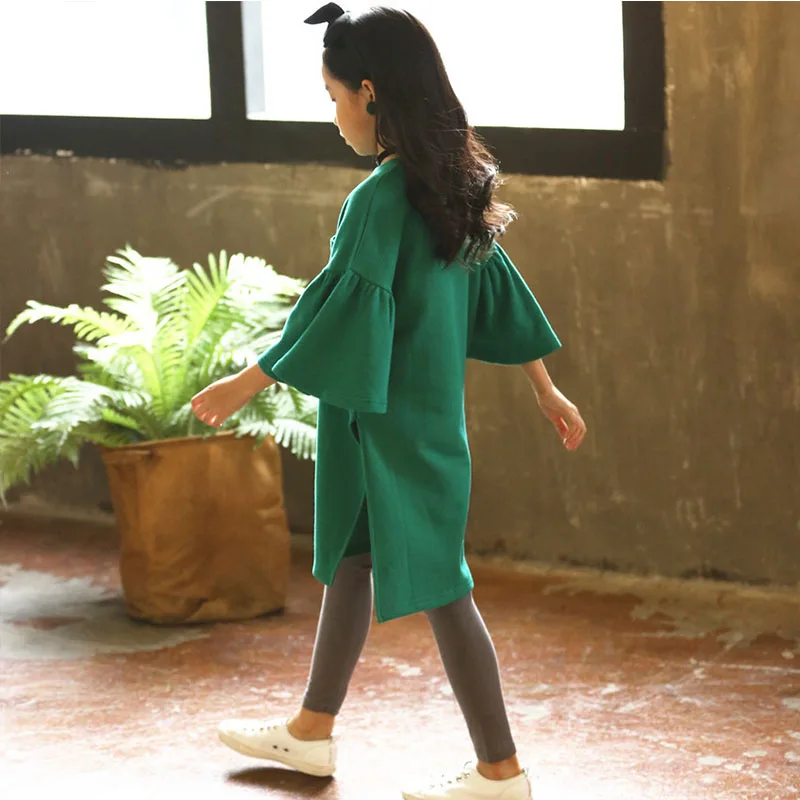 teenage girls long sleeve dresses with pockets autumn spring 2018 brown green sweatshirts hoodies dress baby girl clothes | Детская