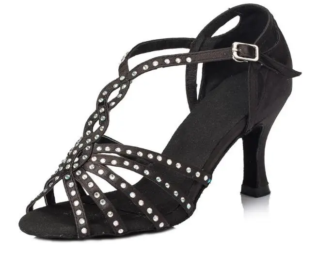 black heel 7.5cm Туфли для латинских танцев со стразами; туфли для вальса, танго; женская обувь на высоком каблуке; Sapatos de danca; Цвет латины, черный, бронзовый, красный; JuseDanc - Цвет: black heel 7.5cm