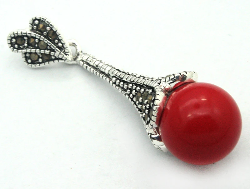 Серебро 925 пробы натуральный 12 мм Имитация красного коралла ожерелье марказит