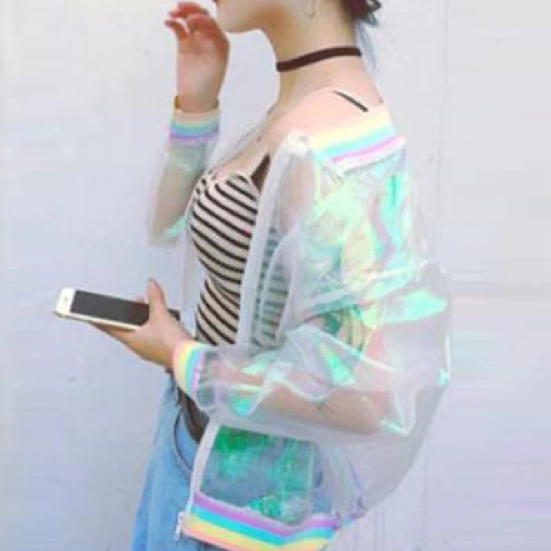 2019 Fashion Coat Women Iridescent Transparent Short Jacket Zipper Holographic Laser Rainbow Bomber Casual Tops | Женская одежда