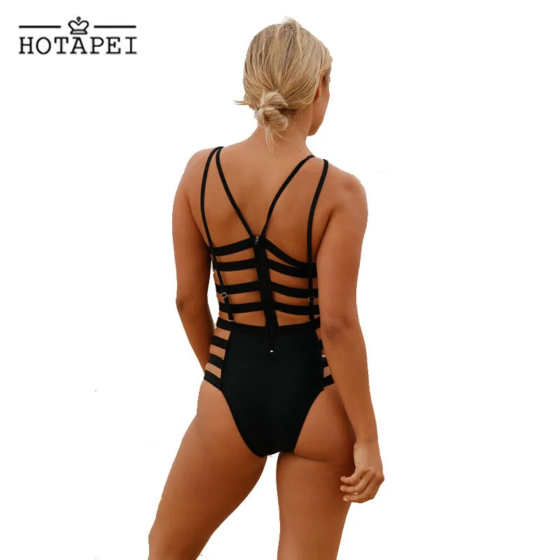 Hotapei Новый выдалбливают one piece Купальники Черный Strappy Вырез Монокини LC410249 Sexy