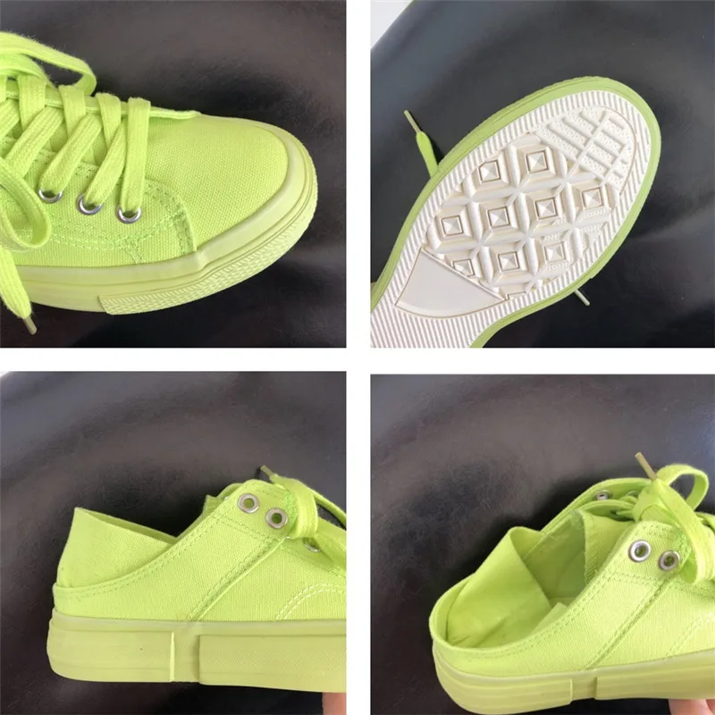 women canvas shoes fluorescent green girls pink sneakers cloth shoe spring autumn solid color lace up low up white trainer 35-40