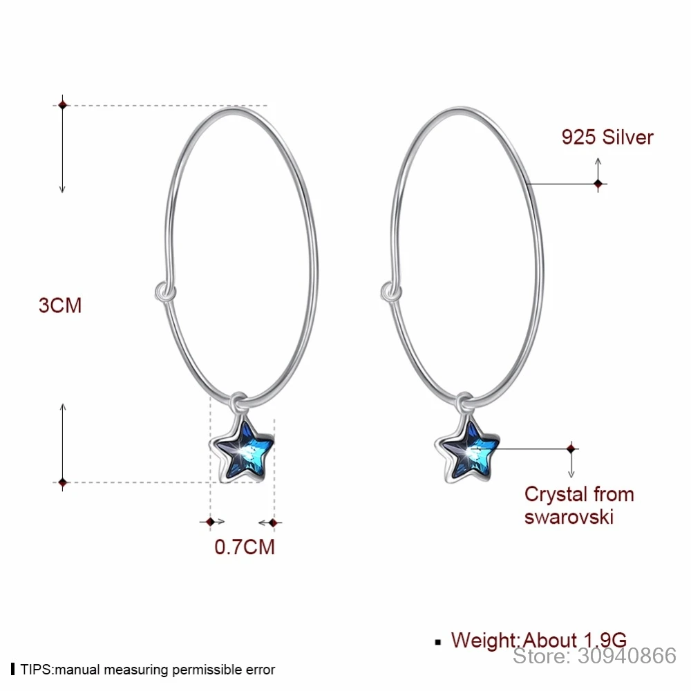 Real 925 Sterling Silver LEKANI Crystals Star Hoop Earrings for Women Girls Fine Jewelry Romantic Girl Fashion | Украшения и