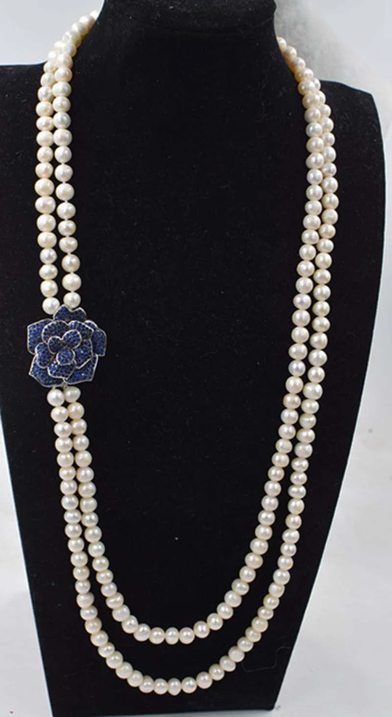 

2rows freshwater pearl white near round 8-9mm &blue flower pendant necklace 28-32inch FPPJ wholesale beads nature
