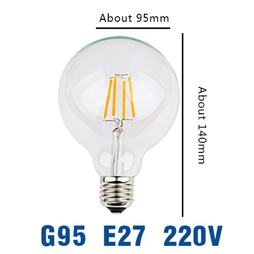 G95 Bulb E27 220V Светодиодный ламп накаливания E27 E14 Винтаж Эдисон лампы с регулируемой яркостью COB 220V Ретро Свеча светильник земной шар люстра светильник ing домашний декор - Испускаемый цвет: G95 Bulb E27 220V