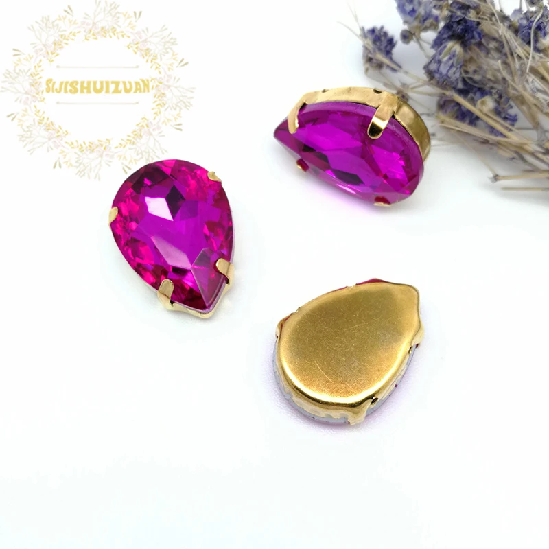 Розово-красный стеклянный кристалл в форме капли пришивные стразы с золотом и