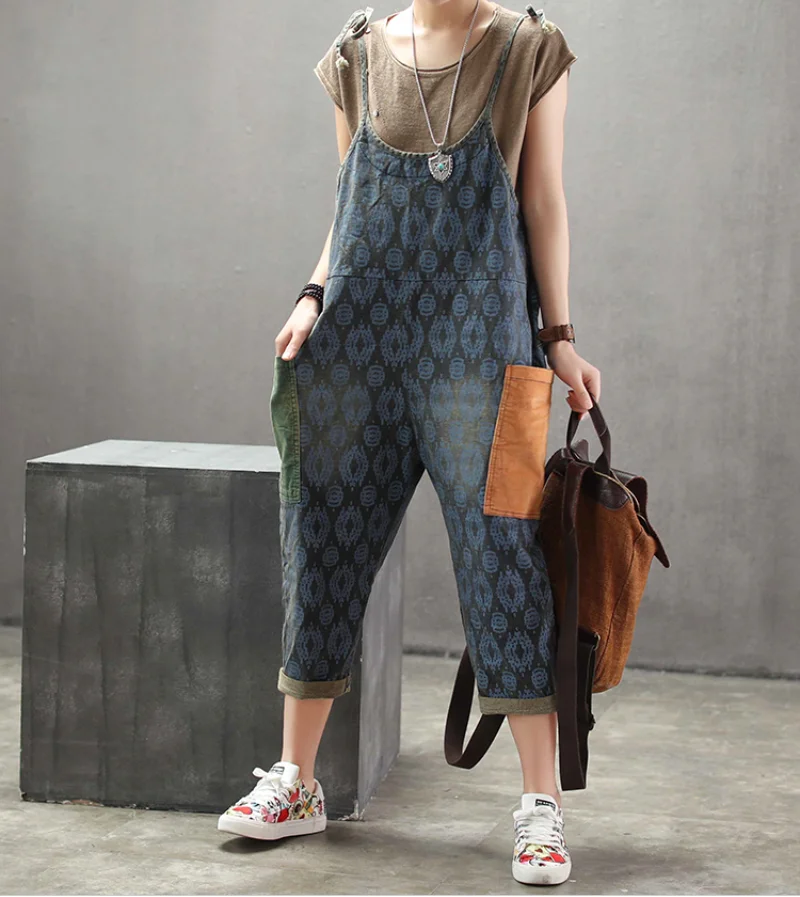 Spring Autumn Jumpsuits Women Large size Loose Retro Rompers 2019 New Casual Print pocket Ladies Overalls | Женская одежда