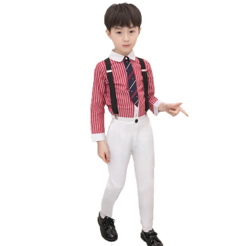 School uniform Suit For Boys Kids Formal White Wedding Dress Gentleman Girls Strap Shirt Pant Tie 4Pcs Pinao Performance Costume | Детская