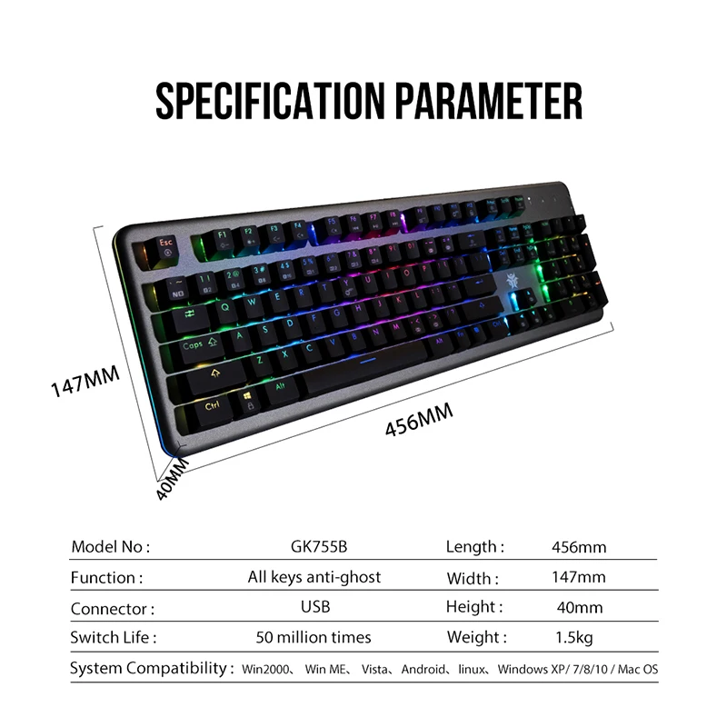 

HEXGEARS GK755 B RGB Mechanical Keyboard Kailh BOX Switch Gaming Keyboards 104 Keys 2 Port USB Volume Wheel keboard for Tablet