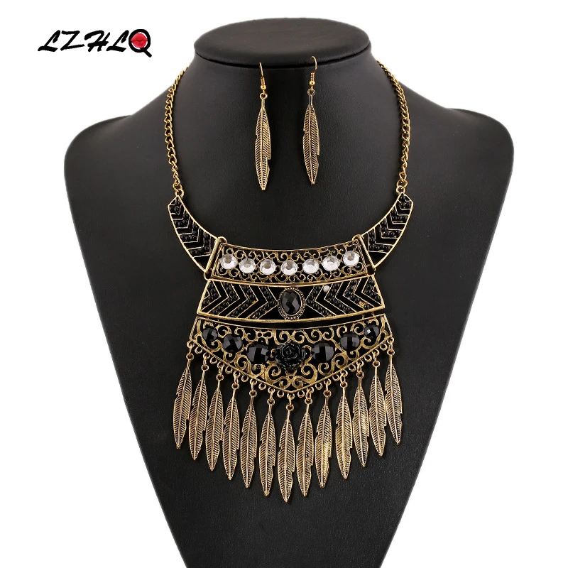 LZHLQ богемский Комплект ожерелье и серьги Макси чокер листья кисточки колье