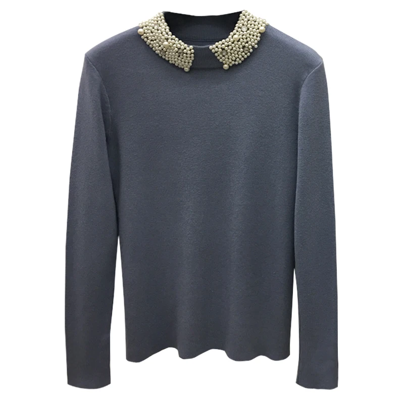 ALPHALMODA Beaded Collar Pullover Women Sweet Jumpers 2017 Winter New Ladies Solid Color Graceful Bottom Sweater | Женская одежда