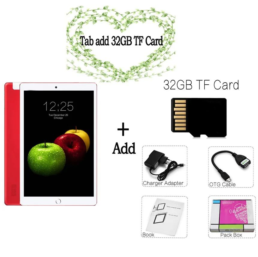 Tab add 32GB Card 10,1 дюймов, Android 7,0, мобильный телефон, вызов, sim-карта, 4G, LTE, 3g, планшетный ПК, 4 ГБ ram и 64 ГБ Rom, Восьмиядерный, 5 Мп камера - Комплект: Tab add 32GB Card