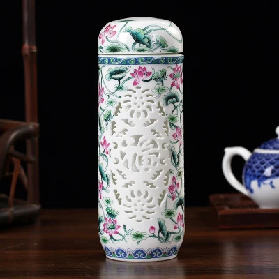 Двухэтажный термос с керамической изоляцией Celadon бизнес чашка с резным узором термальная Вакуумная бутылка для воды - Цвет: L