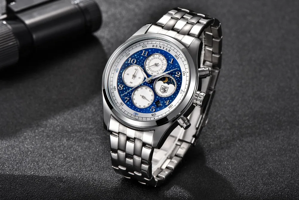 BENYAR Топ люксовый бренд Moon Phase часы мужские водонепроницаемые Хронограф военные спортивные кварцевые часы мужские часы Relogio Masculino