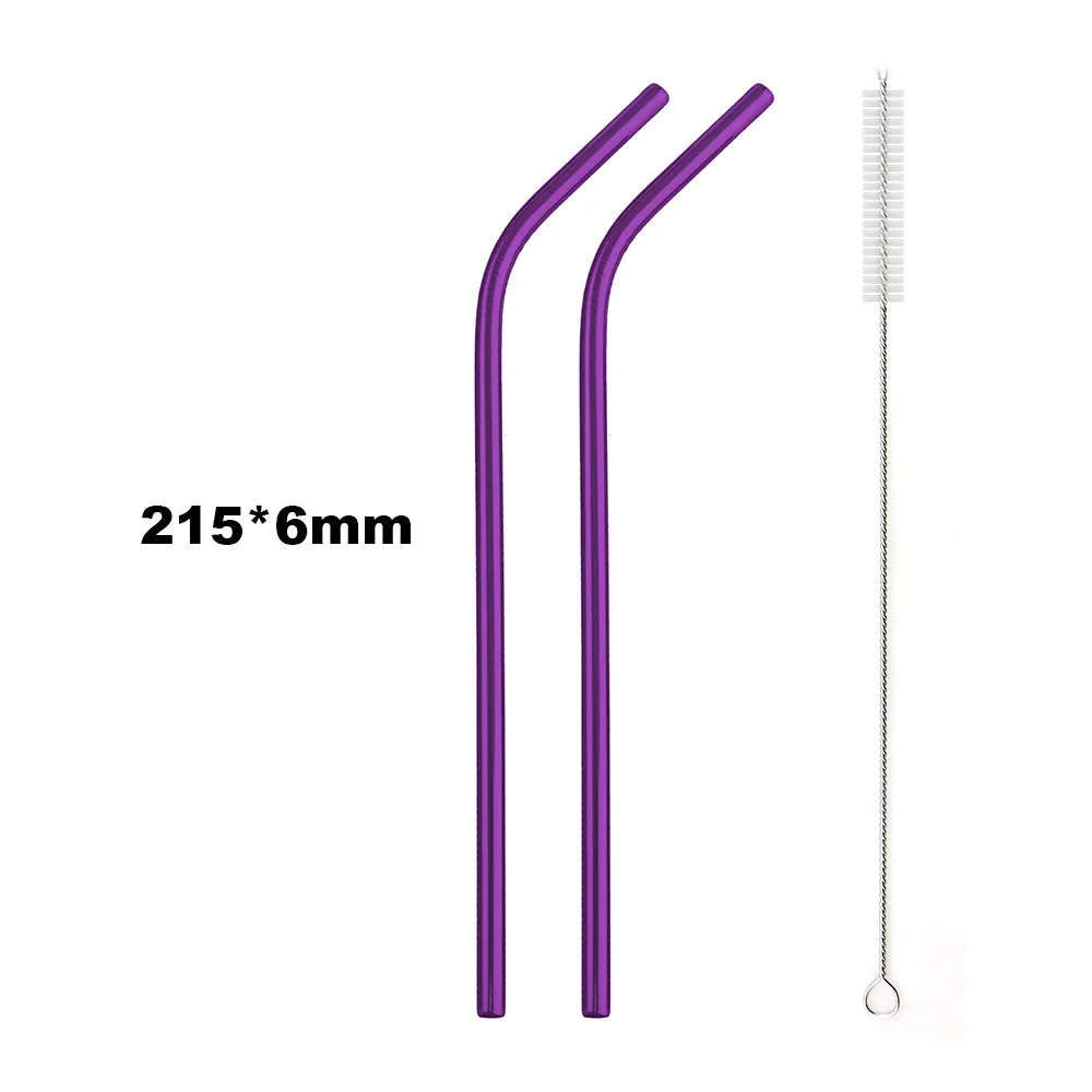 215x6mm Bent 2 шт./компл. фиолетовый 304 из нержавеющей стали, многоразовый металлическая соломинка Экстра Широкий набор смузи соломинки с кисточкой оптом - Цвет: 215x6mm Bent