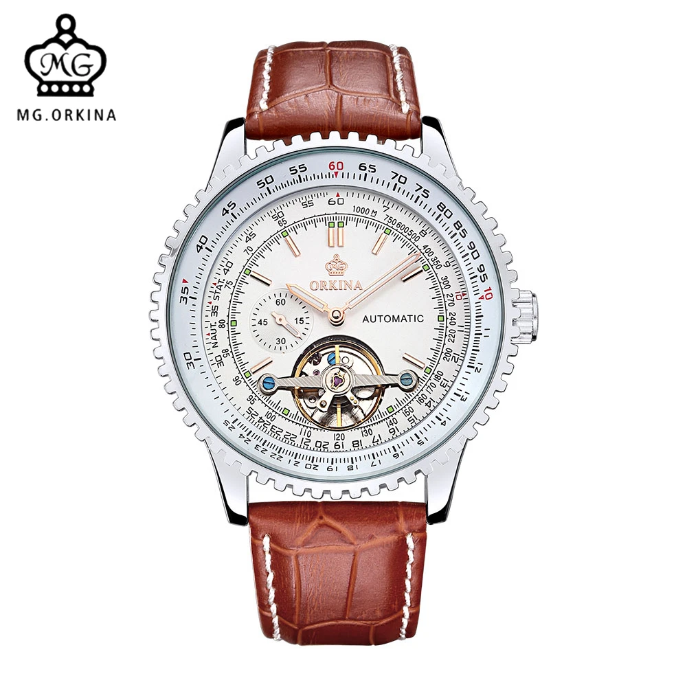

MG. ORKINA Male Clock Big Case Leather Strap Luminous Hands Classic Tourbillon Wrap Automatic orologio uomo Mechanical Watch