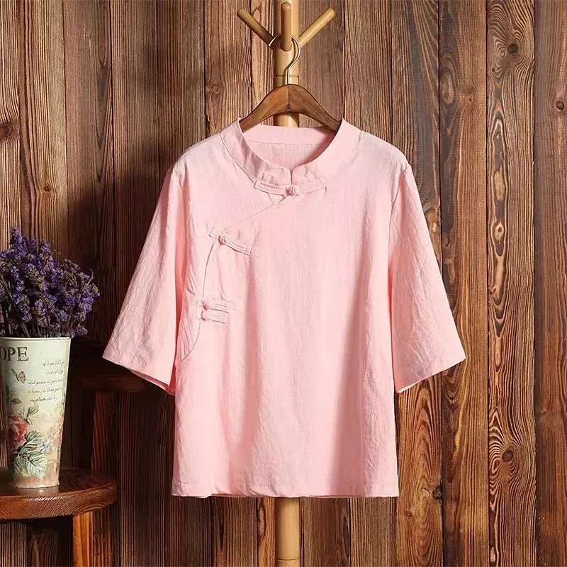 pink chinese top Китайский Стиль льняные Топ летний женский традиционный китайская рубашка Hanfu античный 3/4 рукав воротник стойка Этническая Одежда - Цвет: pink chinese top