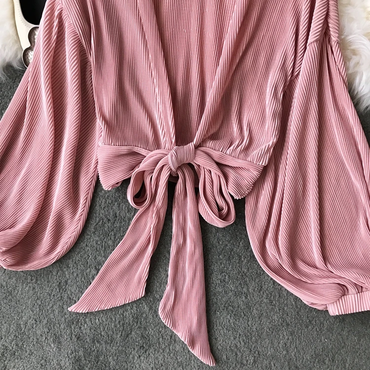ALPHALMODA, весна-лето, плиссированные шифоновые блузки с v-образным вырезом, галстук-бабочка, пояс, рукав-фонарик, Женская однотонная модная одежда
