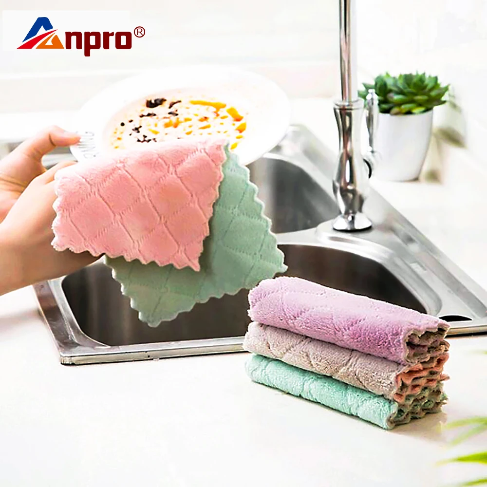 Anpro 1 шт. Супер Абсорбирующая салфетка из микрофибры для кухонной посуды двухсторонняя губка для мытья посуды домашнее полотенце для уборки