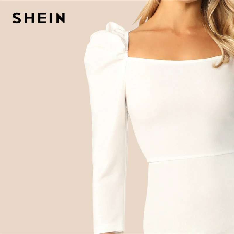 SHEIN женское платье-карандаш с рукавом Gigot, с разрезом сзади, белое, элегантное, квадратное, на молнии, тонкое, женское платье, весна-осень, однотонное, облегающее платье