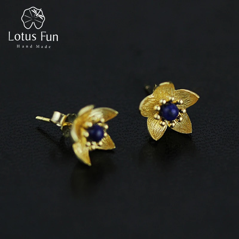 Lotus весело Настоящее стерлингового серебра 925 Природных Ляпис творческий ручной