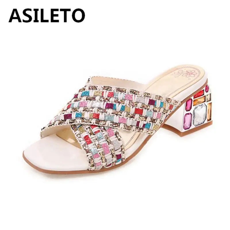 

ASILETO Size 45 46 Outside slippers Slip-on Bohemia Rome Rhinestone Women summer shoes Square heels brand slippers pantoufle