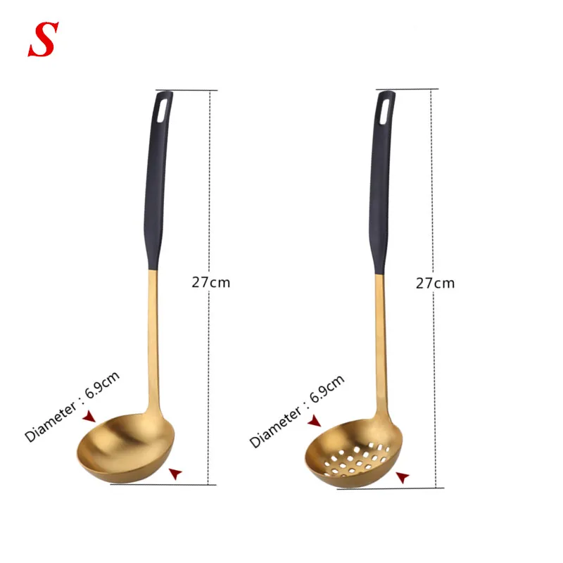 Black-gold small set 2 шт посуда из нержавеющей стали матовый суп половник и половник-дуршлаг набор кухонных инструментов длинная ручка щелевая ложка с отверстиями настенный - Цвет: Black-gold small set