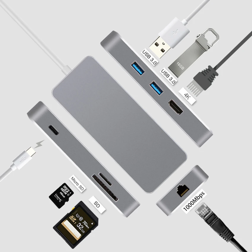 Type C Hub for Macbook Spliter Adapter USB 3.0 TF SD Card Reader 2K Video HDMI 1000mbps RJ45 Ethernet Network USB-C | Компьютеры и