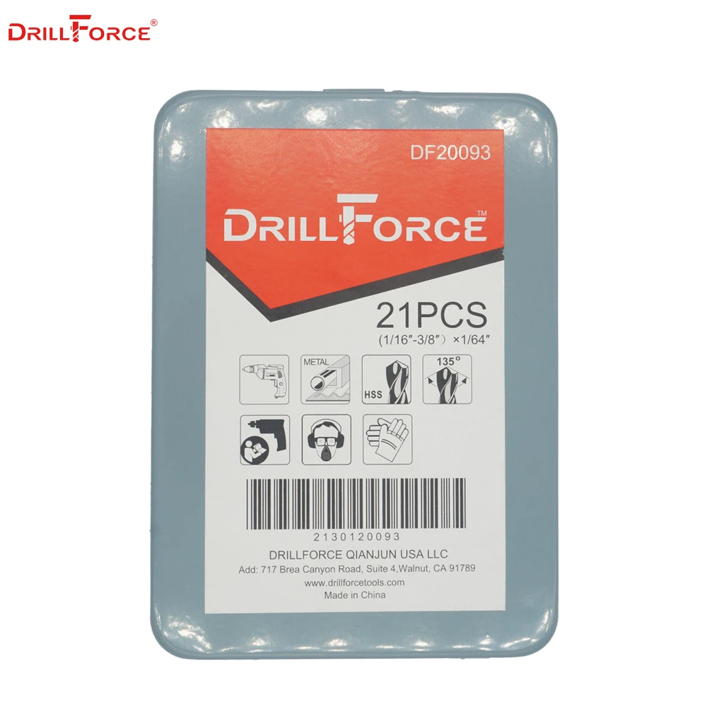 Drillforce 21 шт. 1/16 &quot 3/8&quot HSS Twist с титановым покрытием ручное сверло