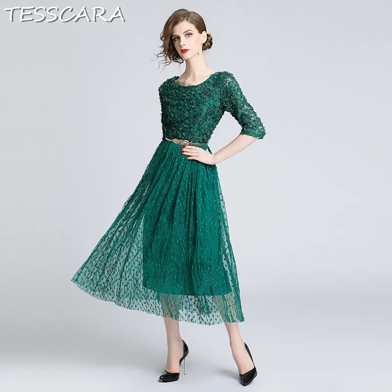 TESSCARA для женщин Весна и Лето Элегантный Сетчатое платье Festa женский аппликации дизайнер Офис Вечерние Партии Vestidos Винтаж кружево роковой