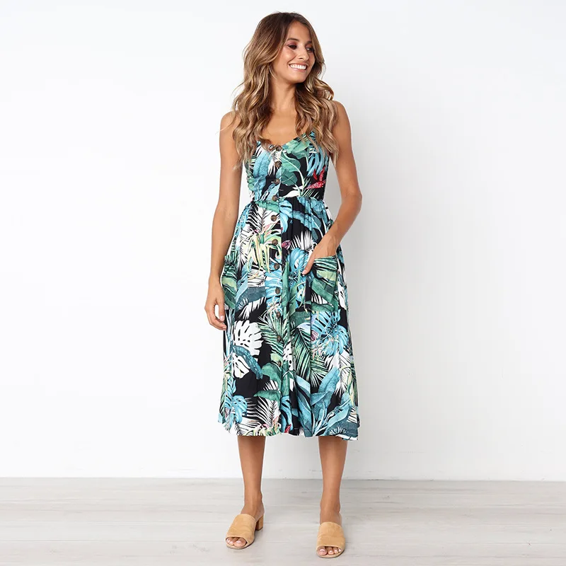 Women's Sexy Spaghetti Strap V-Neck Summer Floral Bohemian Button Decor Swing Midi Dress Beach Sundresses with Pockets | Женская