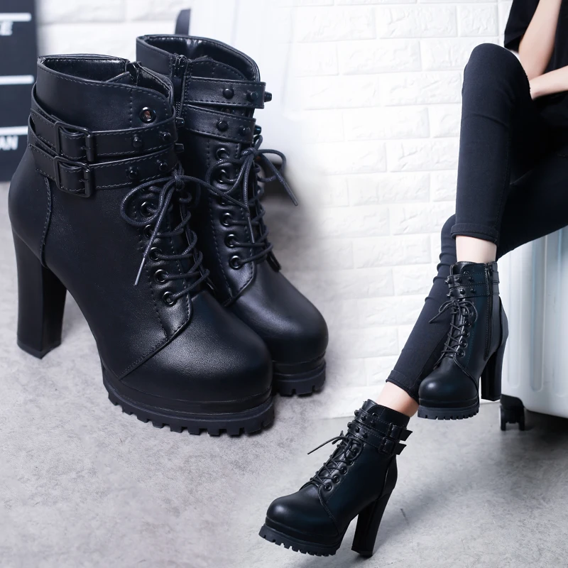 

Autumn and winter new fashion plus velvet 10CM high heels trend PU leather punk high heels and bare boots.