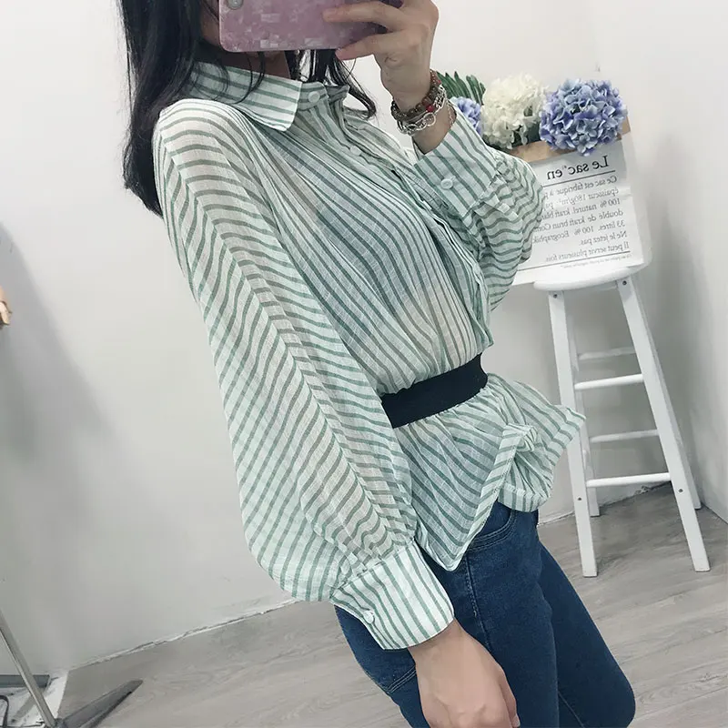 WHITNEY WANG 2018 Summer Fashion Streetwear Colors Contrast Elastic Ribbon Patchwork Striped Blouse Women blusas Shirt Tops |