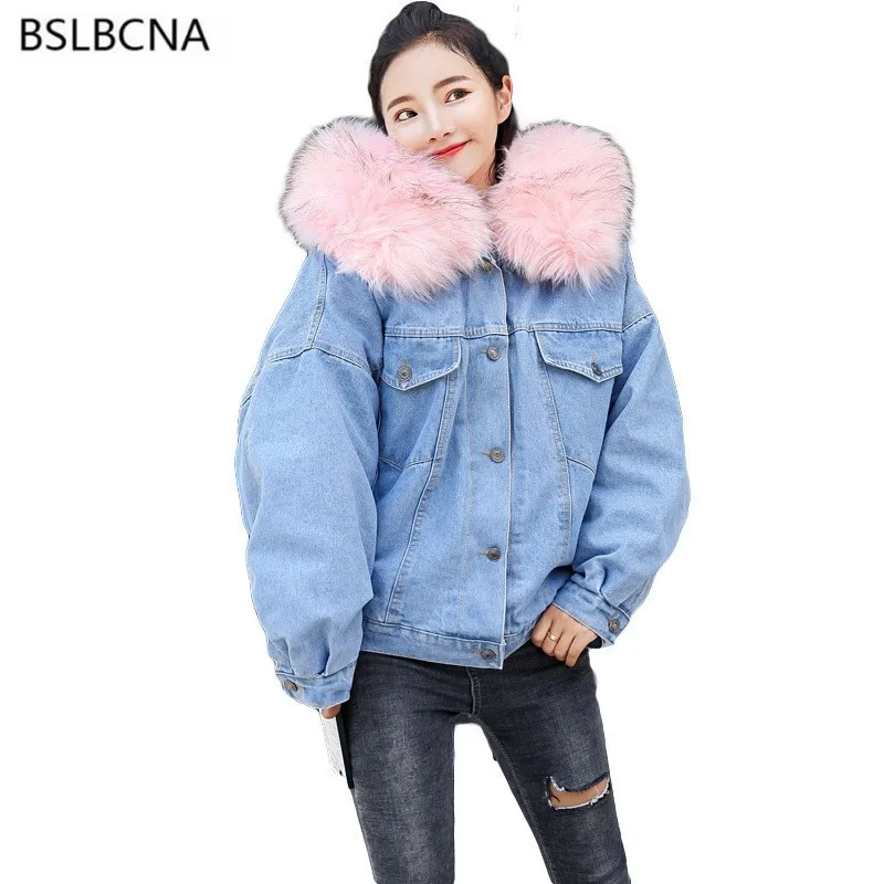 

2022 Korean New Winter Coat Women Tops Big Hair Collar Hat Thicker Casual Loose 1 Denim Jacket Cotton Parka Female A431