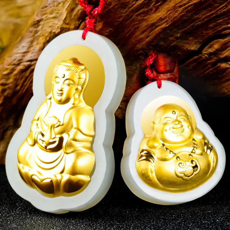 

Drop Shipping HeTian Jade Maitreya Pendant Lucky Amulet Gold Jade GuanYin Buddha Necklace For Women Men 24K Gold Jewelry Gift