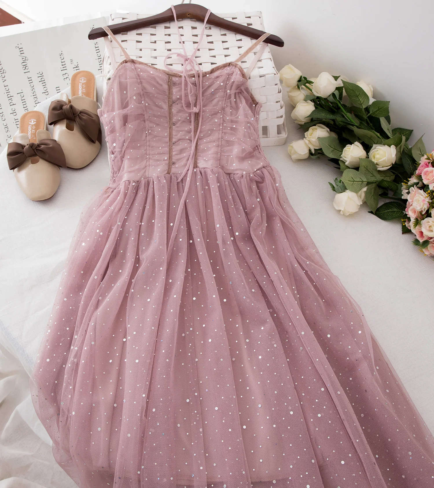 2019 New Women's Sundress Fashion High Quality Summer Female Clothes Thin Strap Bling Sweet Mesh Lace Dresses Pink Black | Женская