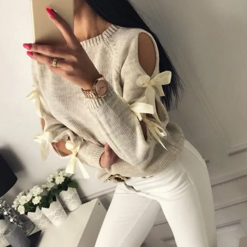 2018 Autumn Top Women Bow Hollow Out Sweater Long Sleeve Knitted Pullover Lace Up Sweaters Pullovers O Neck Casual | Женская одежда