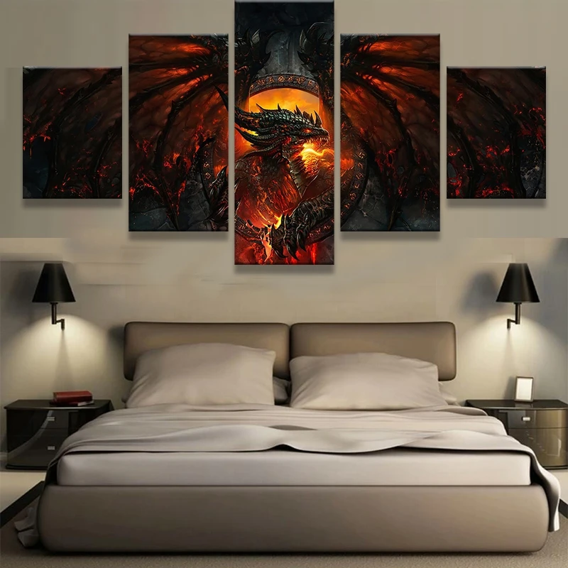 Фото HD печать картина современный холст домашний Декор 5 панелей Огненный Дракон